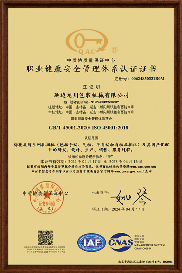 职业康健清静治理系统认证证书